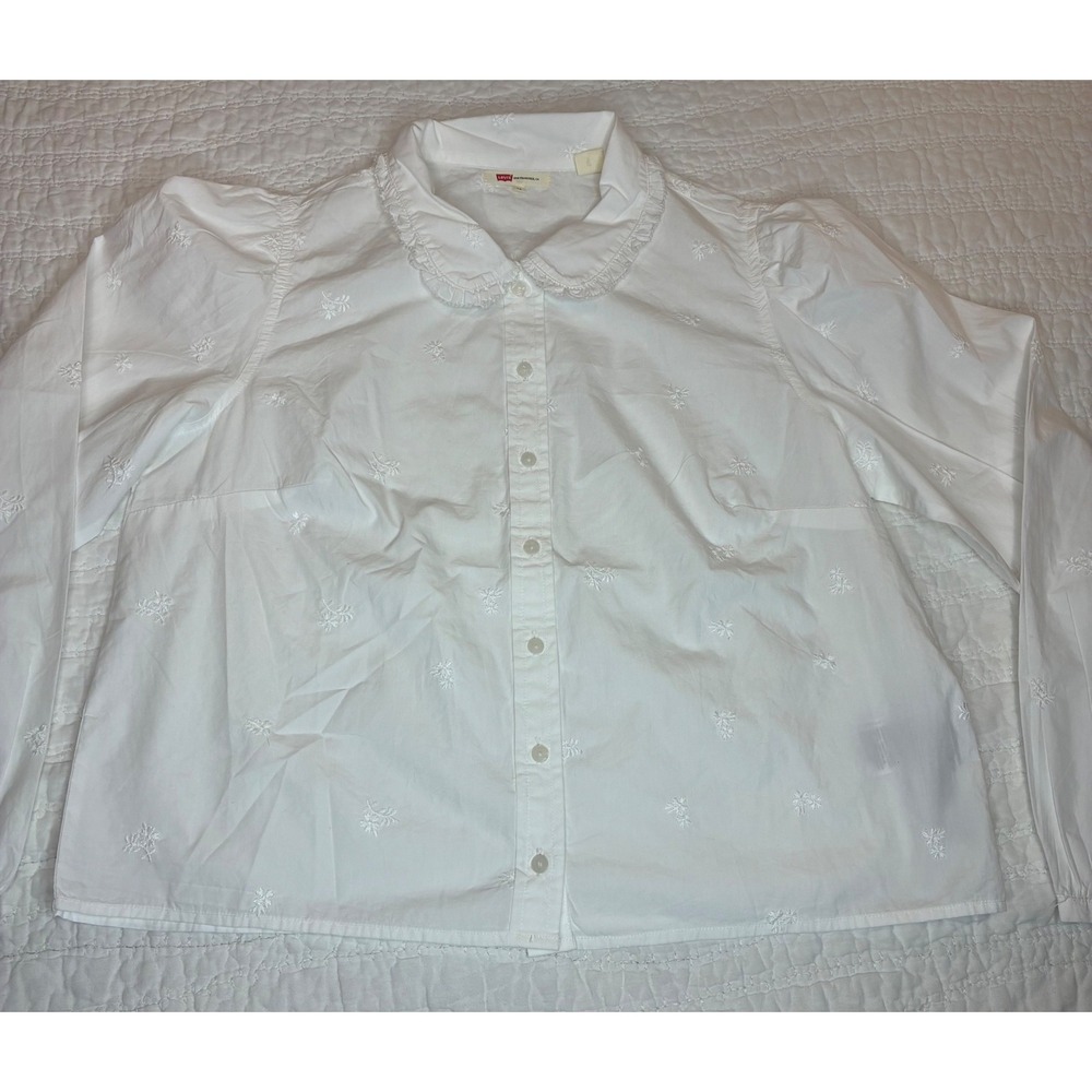 Levis Blouse Women M White Eyelet Ruffle Peter Pan Collar Embroider Cotton Crop